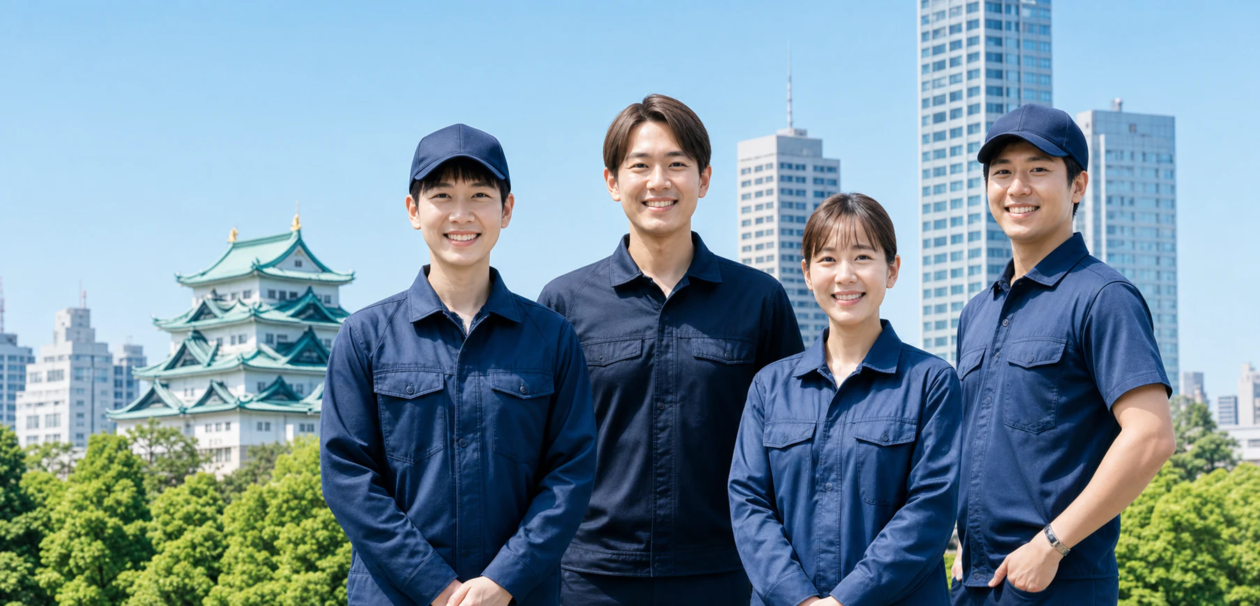 名古屋の街を背景に配送スタッフが並んでいる様子